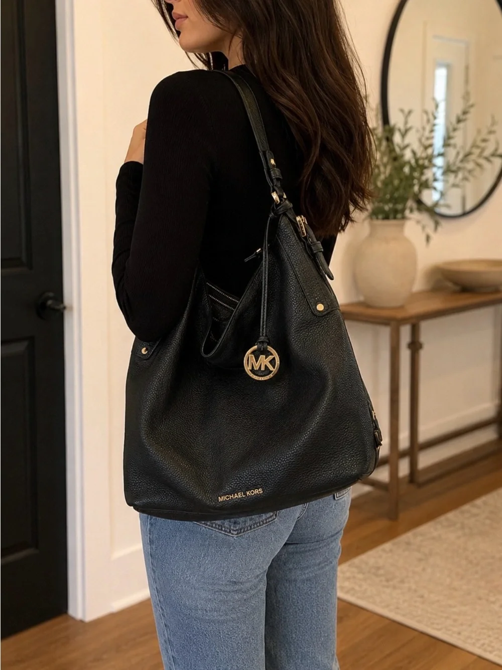 Michael Kors Black Pebbled Leather Hobo Shoulder Bag with Gold MK Charm